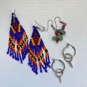 Boho silver beaded vintage turquoise coral tribal earring lot